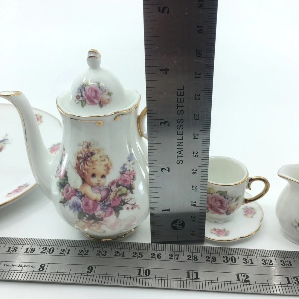 Vintage Children's Mini Tea Set White Porcelain Angel Pink Floral Gold Trim 10pc